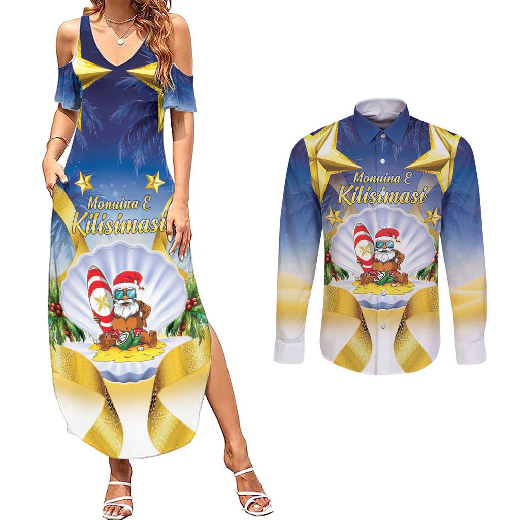 Niue Christmas Couples Matching Summer Maxi Dress and Long Sleeve Button Shirt Seashell Santa Beach Vibes - Polynesian Pride