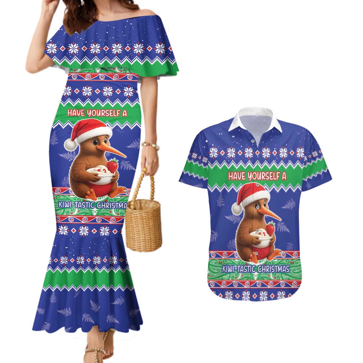 New Zealand Christmas Couples Matching Mermaid Dress and Hawaiian Shirt Have Yourself A Kiwi-tastic Christmas - Polynesian Pride