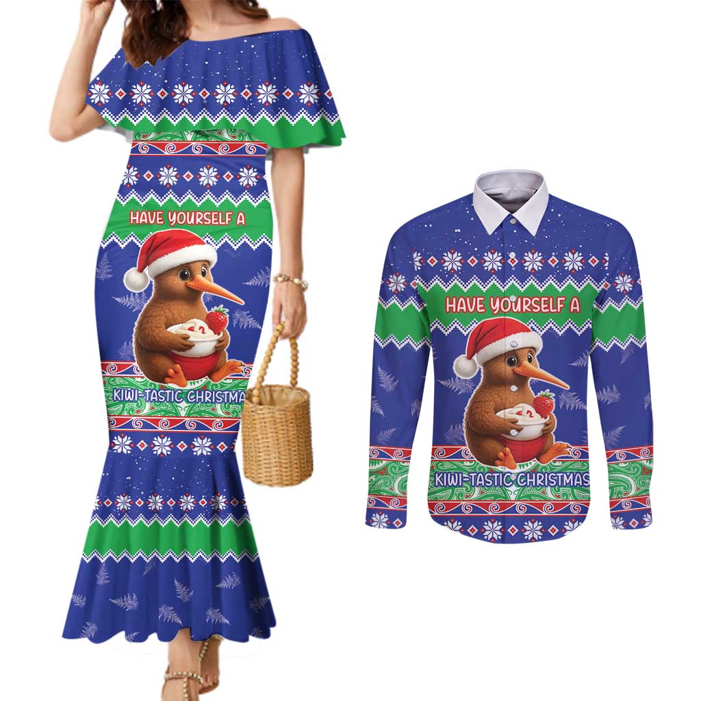 New Zealand Christmas Couples Matching Mermaid Dress and Long Sleeve Button Shirt Have Yourself A Kiwi-tastic Christmas - Polynesian Pride