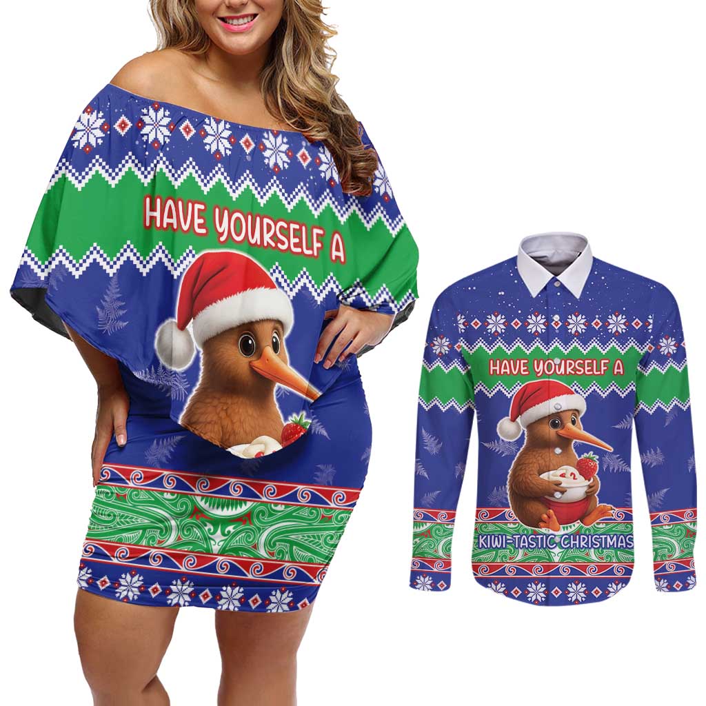 New Zealand Christmas Couples Matching Off Shoulder Short Dress and Long Sleeve Button Shirt Have Yourself A Kiwi-tastic Christmas - Polynesian Pride