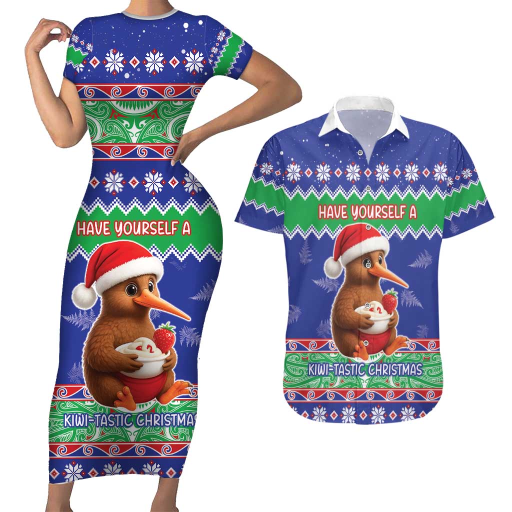 New Zealand Christmas Couples Matching Short Sleeve Bodycon Dress and Hawaiian Shirt Have Yourself A Kiwi-tastic Christmas LT05 Blue - Polynesian Pride