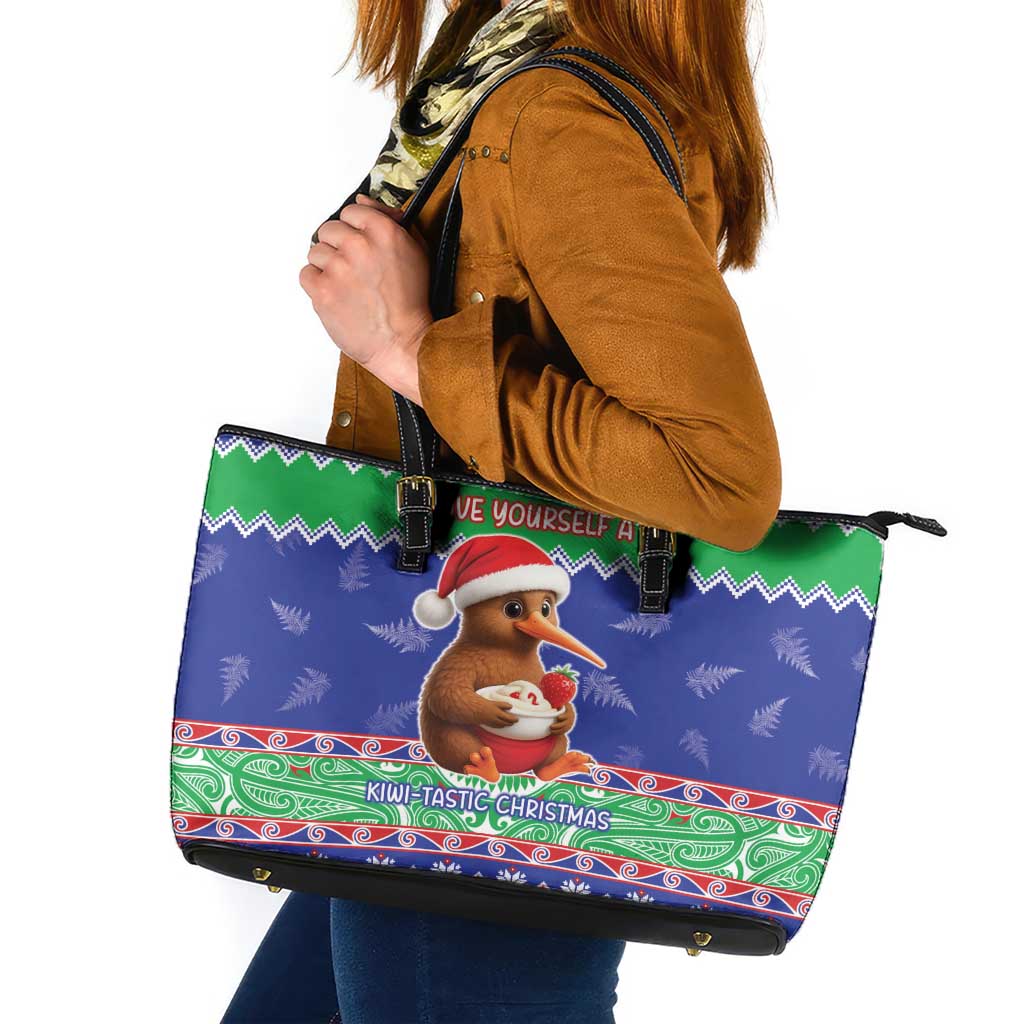 New Zealand Christmas Leather Tote Bag Have Yourself A Kiwi-tastic Christmas LT05 Blue - Polynesian Pride