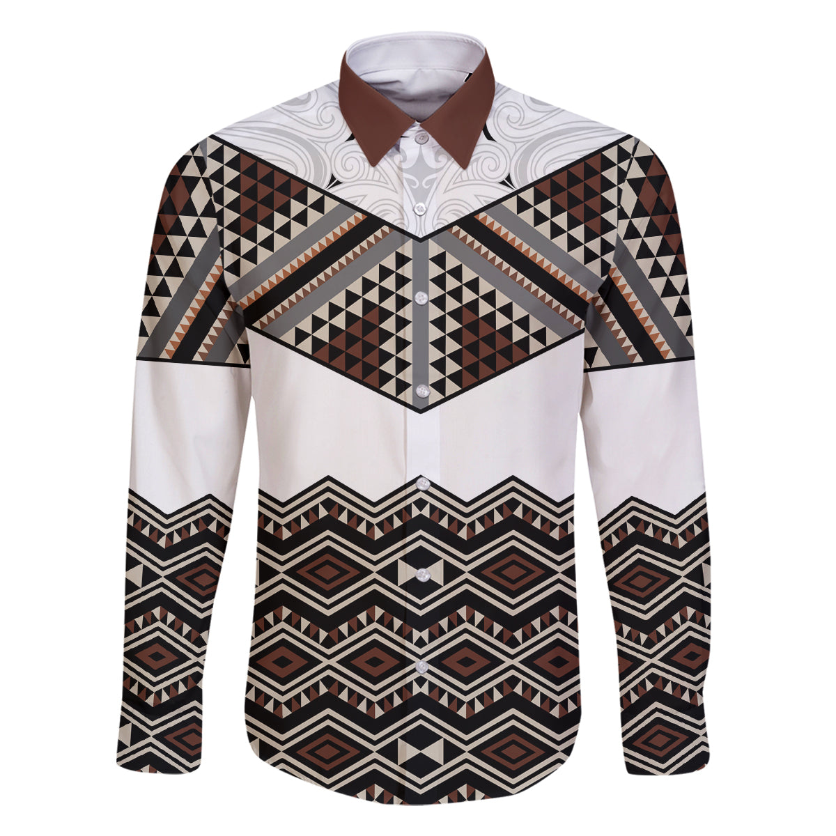 New Zealand Aotearoa Family Matching Mermaid Dress and Hawaiian Shirt Taniko Art Simple Style LT05 Dad's Shirt - Long Sleeve Brown - Polynesian Pride