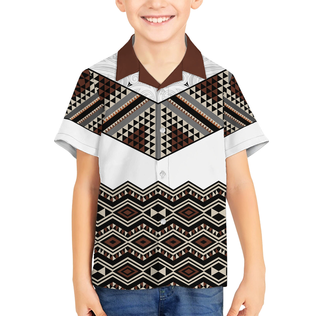New Zealand Aotearoa Family Matching Off Shoulder Long Sleeve Dress and Hawaiian Shirt Taniko Art Simple Style LT05 Son's Shirt Brown - Polynesian Pride