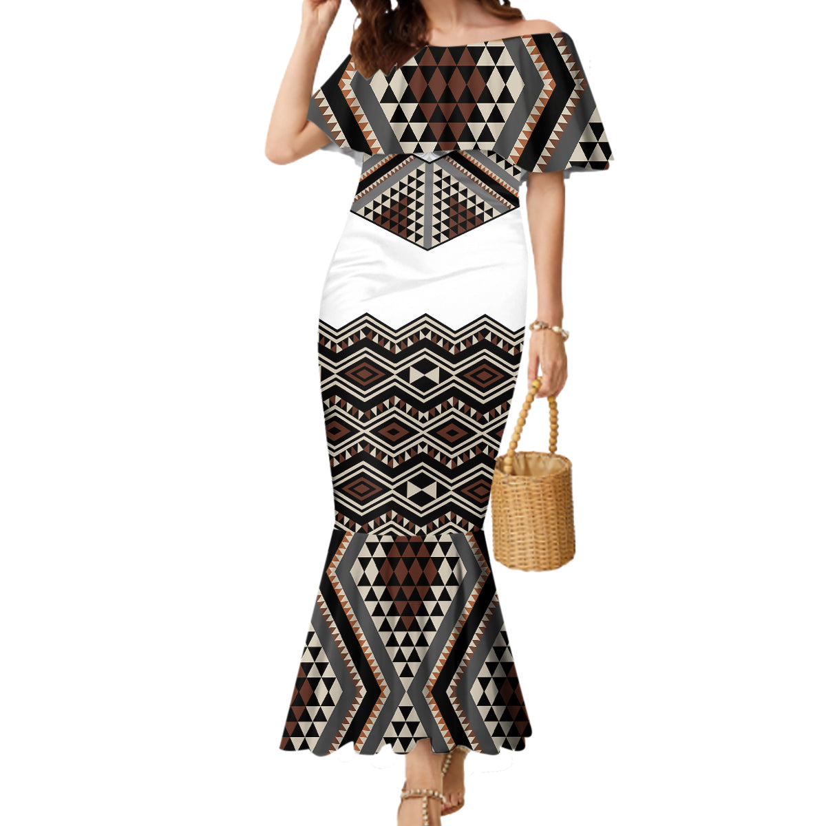 New Zealand Aotearoa Mermaid Dress Taniko Art Simple Style LT05 Women Brown - Polynesian Pride