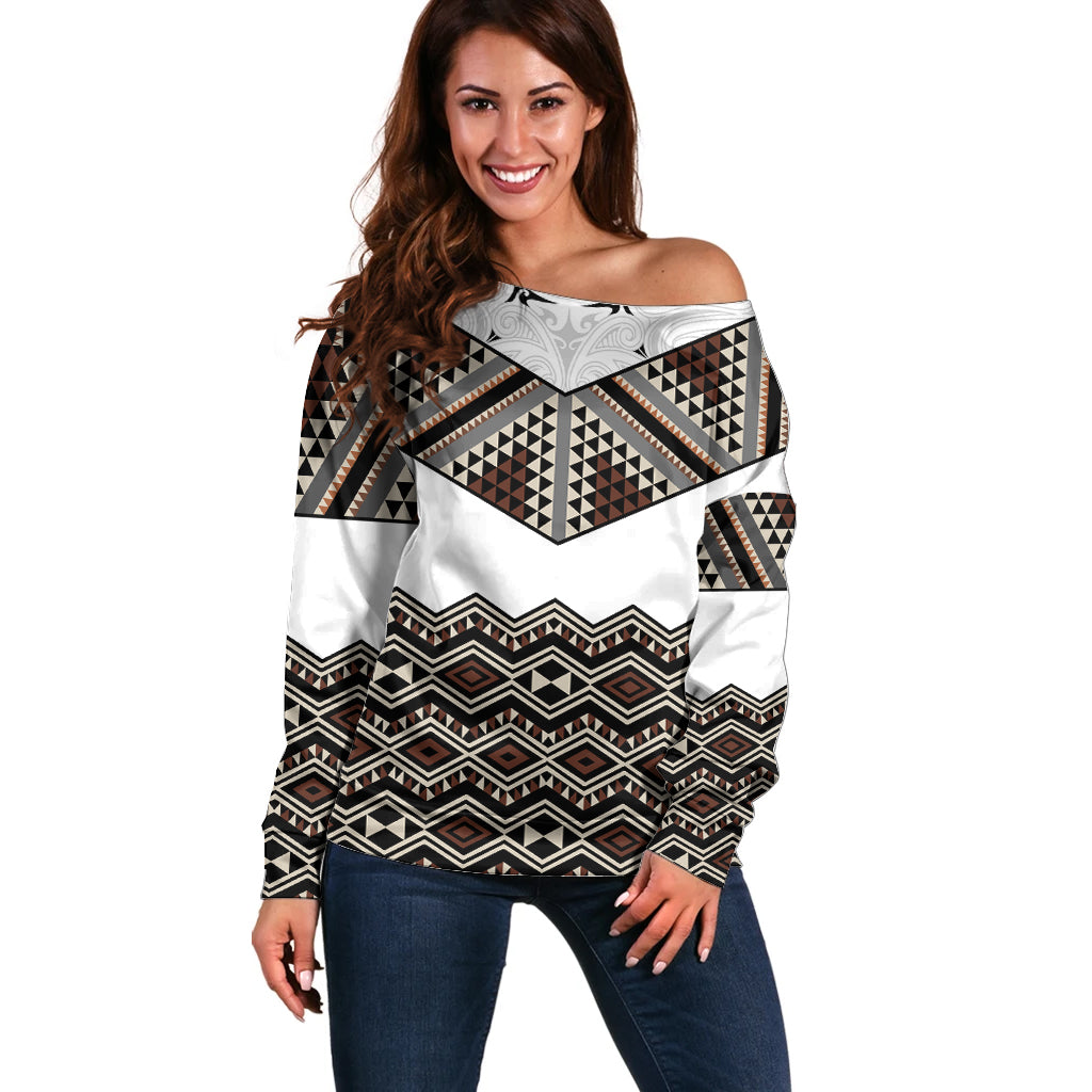 New Zealand Aotearoa Off Shoulder Sweater Taniko Art Simple Style LT05 Women Brown - Polynesian Pride