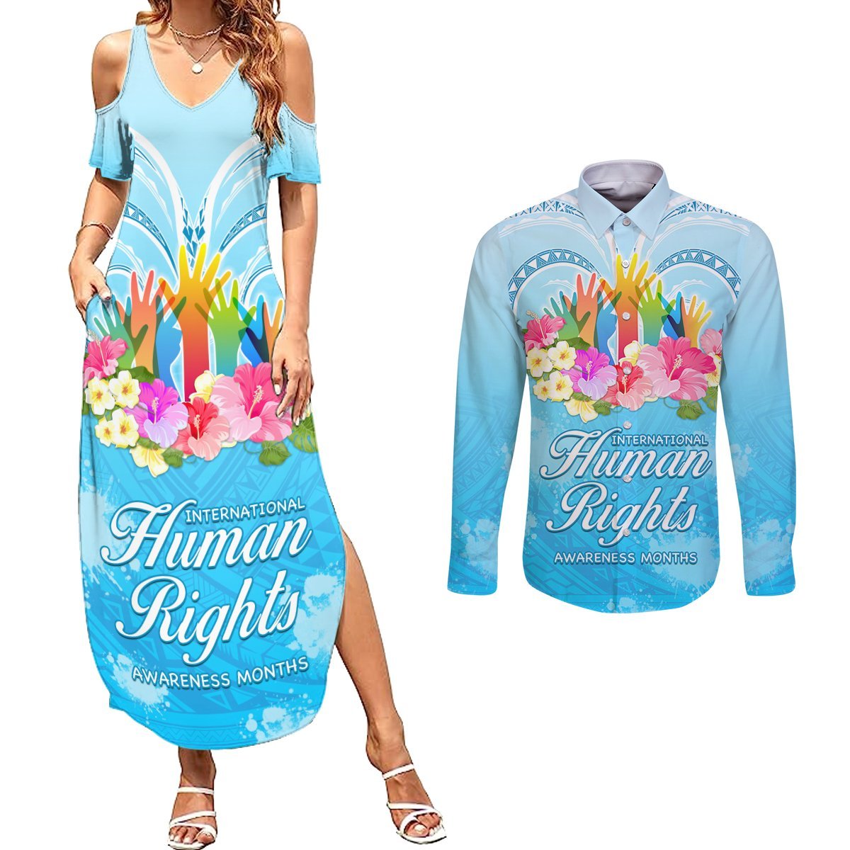 Universal Human Rights Month Couples Matching Summer Maxi Dress and Long Sleeve Button Shirt Polynesian Style LT05 Blue - Polynesian Pride