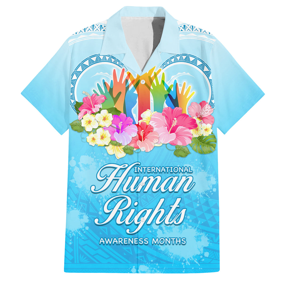 Universal Human Rights Month Family Matching Off Shoulder Maxi Dress and Hawaiian Shirt Polynesian Style LT05 Dad's Shirt - Short Sleeve Blue - Polynesian Pride