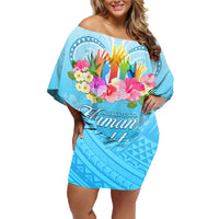 Universal Human Rights Month Family Matching Off Shoulder Short Dress and Hawaiian Shirt Polynesian Style LT05 Mom's Dress Blue - Polynesian Pride