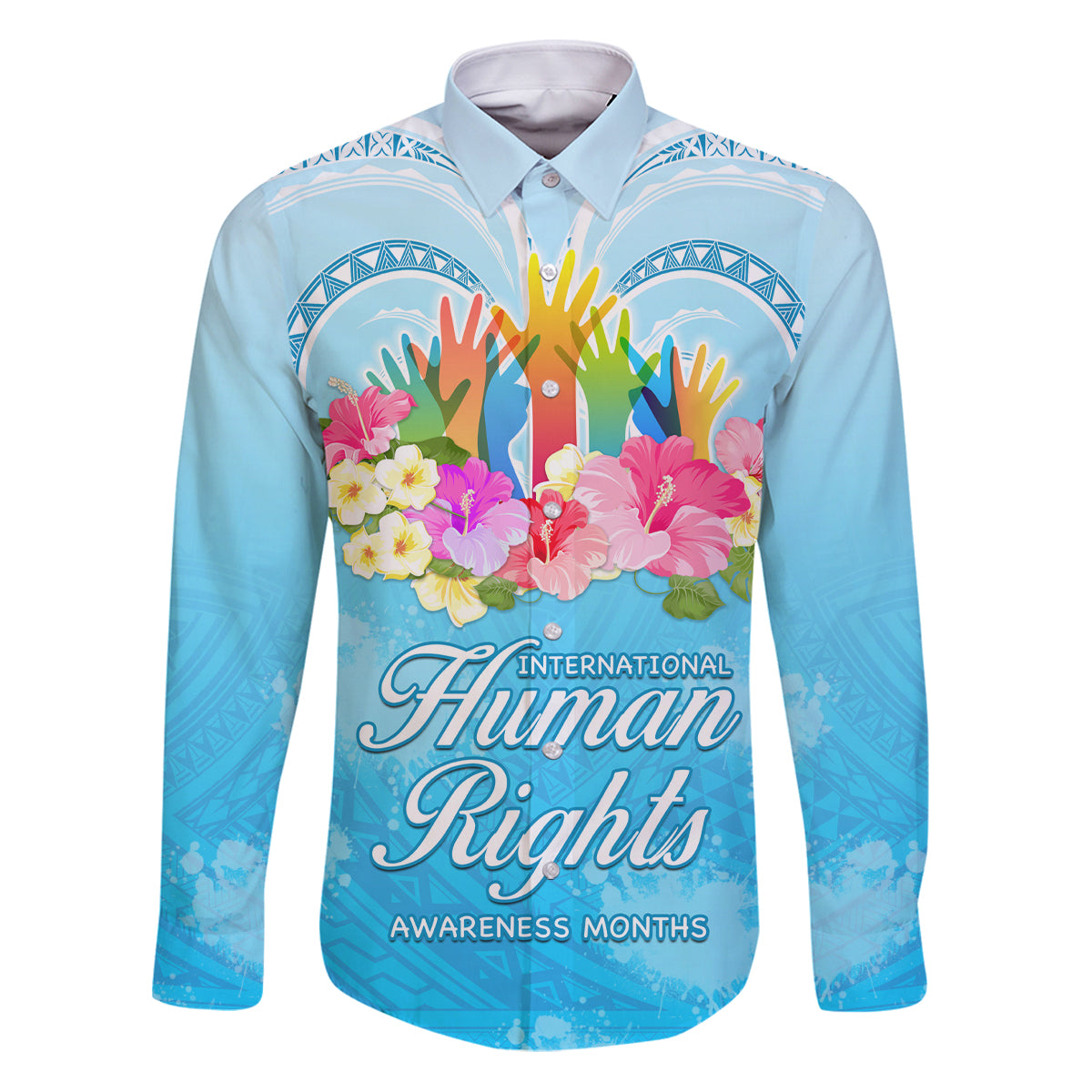Universal Human Rights Month Family Matching Puletasi Dress and Hawaiian Shirt Polynesian Style LT05 Dad's Shirt - Long Sleeve Blue - Polynesian Pride