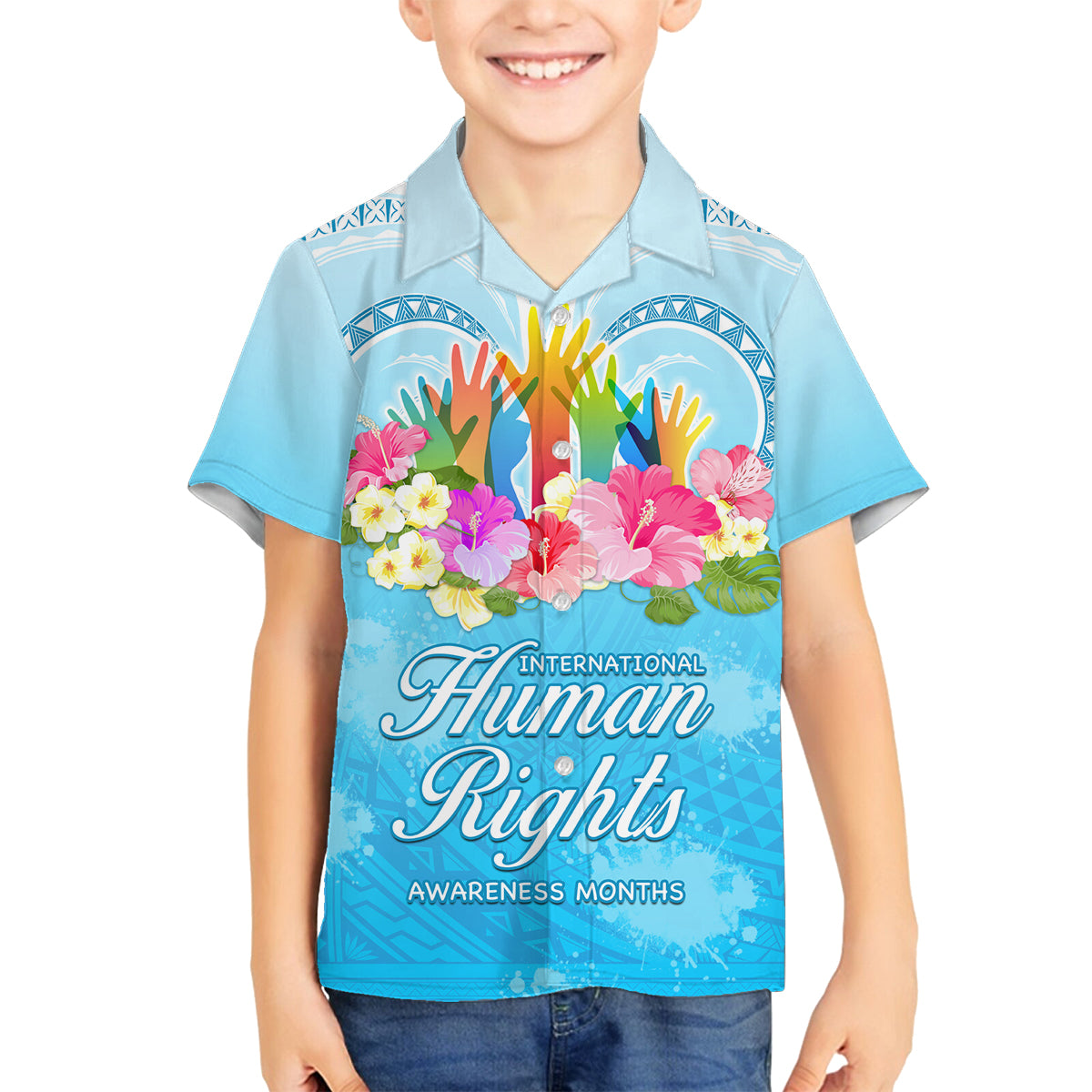 Universal Human Rights Month Family Matching Puletasi Dress and Hawaiian Shirt Polynesian Style LT05 Son's Shirt Blue - Polynesian Pride