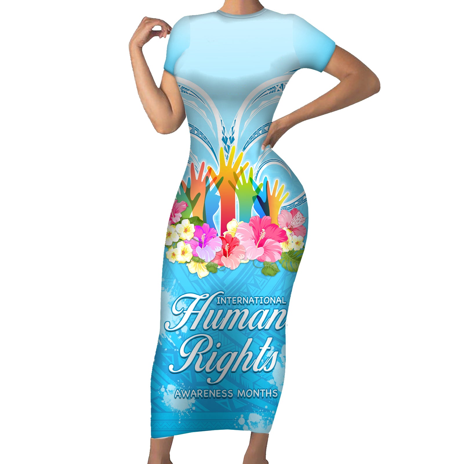 Universal Human Rights Month Short Sleeve Bodycon Dress Polynesian Style LT05 Long Dress Blue - Polynesian Pride