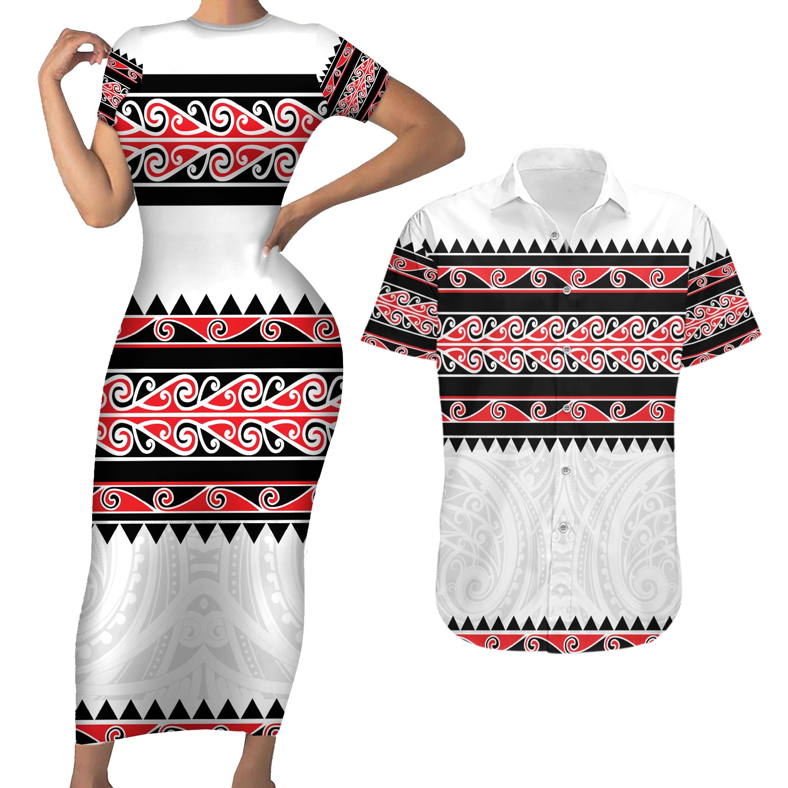 New Zealand Aotearoa Couples Matching Short Sleeve Bodycon Dress and Hawaiian Shirt With Kowhaiwhai Pattern Red Version LT05 Red - Polynesian Pride