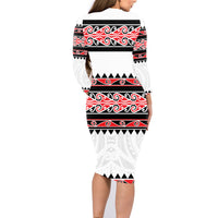 New Zealand Aotearoa Family Matching Long Sleeve Bodycon Dress and Hawaiian Shirt With Kowhaiwhai Pattern Red Version LT05 - Polynesian Pride
