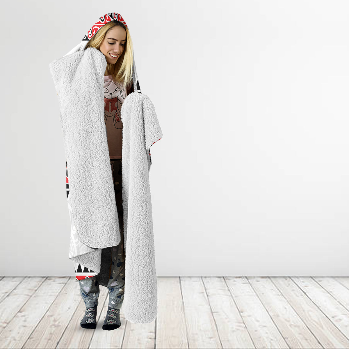 New Zealand Aotearoa Hooded Blanket With Kowhaiwhai Pattern Red Version LT05 - Polynesian Pride