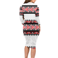 New Zealand Aotearoa Long Sleeve Bodycon Dress With Kowhaiwhai Pattern Red Version LT05 - Polynesian Pride