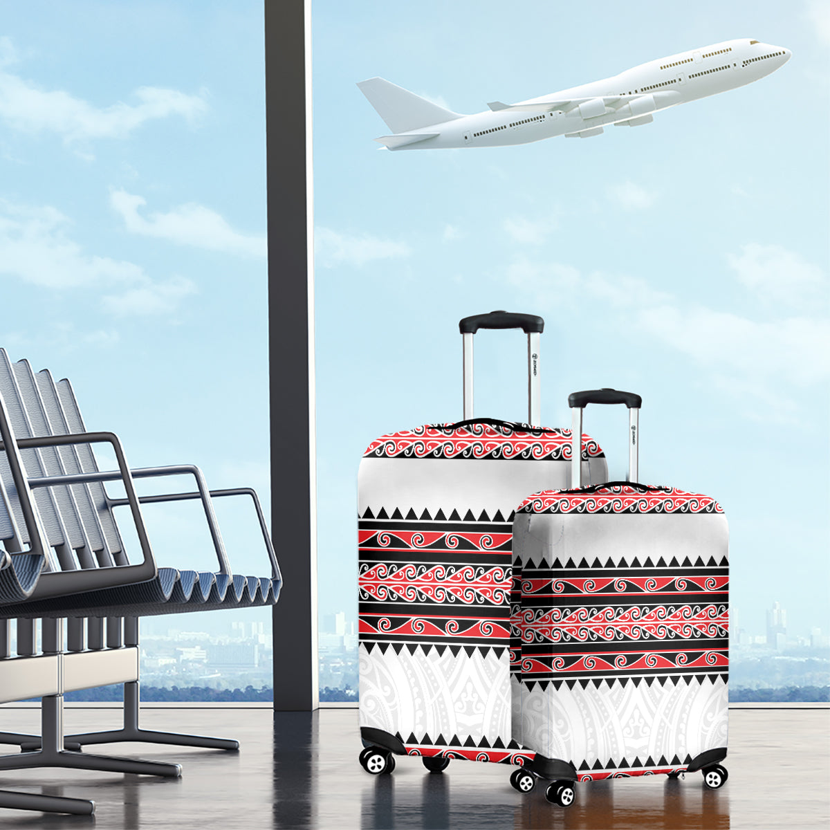 New Zealand Aotearoa Luggage Cover With Kowhaiwhai Pattern Red Version LT05 - Polynesian Pride