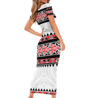New Zealand Aotearoa Short Sleeve Bodycon Dress With Kowhaiwhai Pattern Red Version LT05 - Polynesian Pride