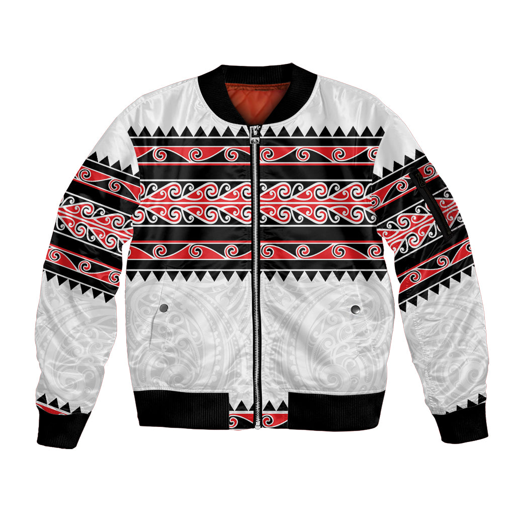 New Zealand Aotearoa Sleeve Zip Bomber Jacket With Kowhaiwhai Pattern Red Version LT05 Unisex Red - Polynesian Pride