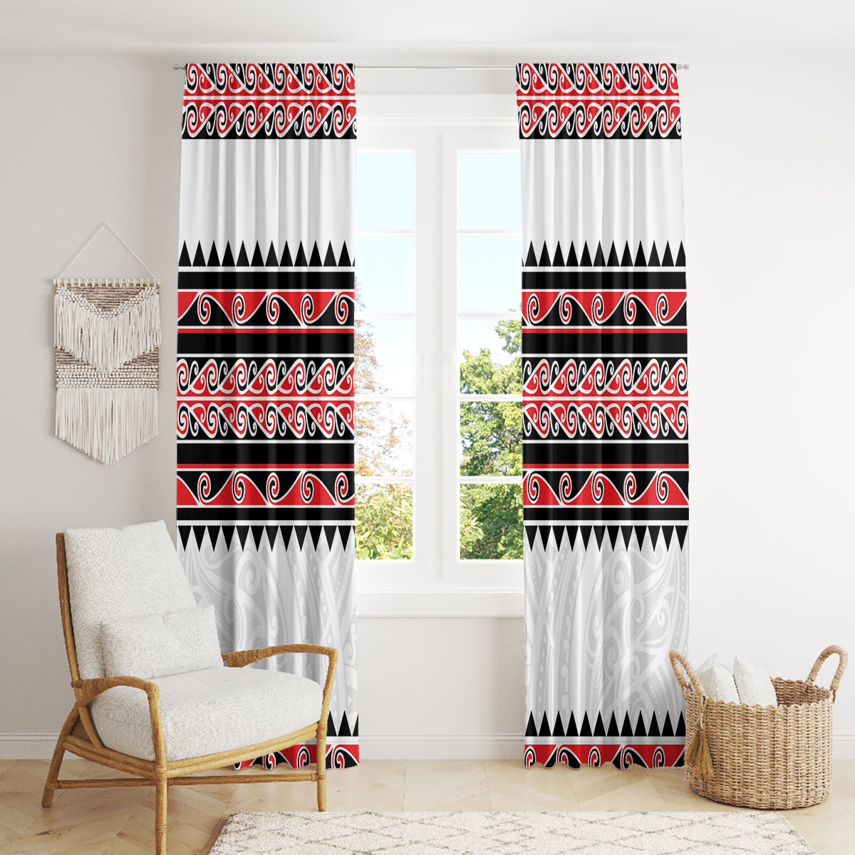 New Zealand Aotearoa Window Curtain With Kowhaiwhai Pattern Red Version LT05 - Polynesian Pride