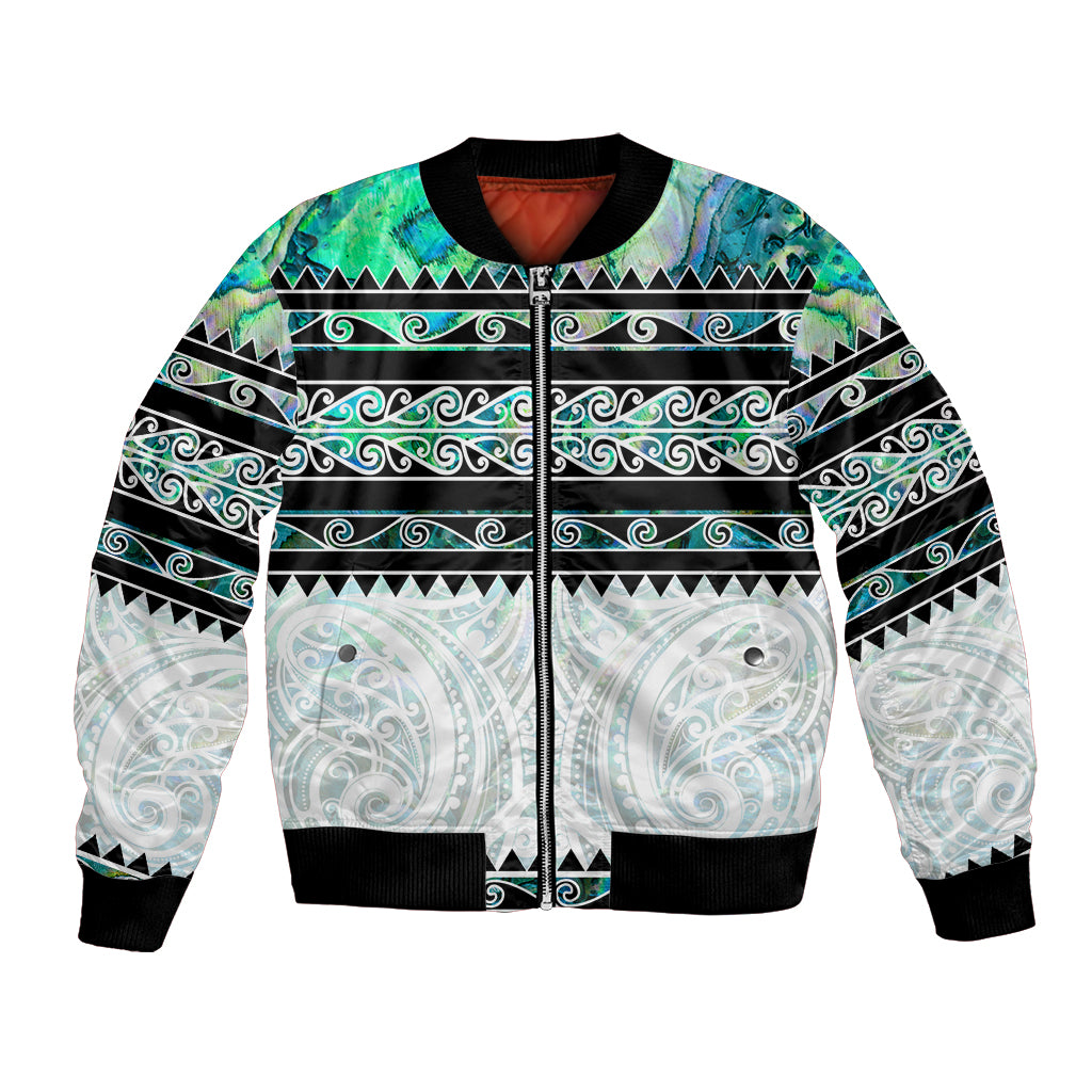 New Zealand Aotearoa Bomber Jacket With Paua Shell Kowhaiwhai Pattern LT05 Unisex Green - Polynesian Pride