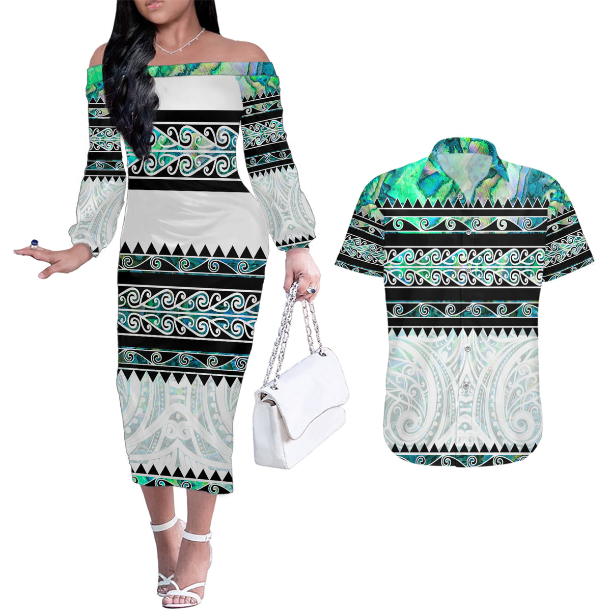 New Zealand Aotearoa Couples Matching Off The Shoulder Long Sleeve Dress and Hawaiian Shirt With Paua Shell Kowhaiwhai Pattern LT05 Green - Polynesian Pride