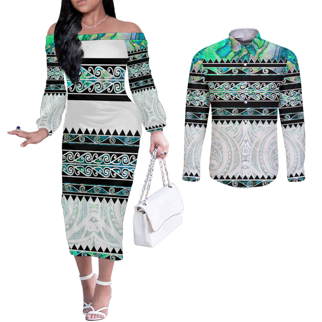 New Zealand Aotearoa Couples Matching Off The Shoulder Long Sleeve Dress and Long Sleeve Button Shirt With Paua Shell Kowhaiwhai Pattern LT05 Green - Polynesian Pride
