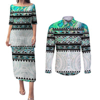 New Zealand Aotearoa Couples Matching Puletasi Dress and Long Sleeve Button Shirt With Paua Shell Kowhaiwhai Pattern LT05 Green - Polynesian Pride