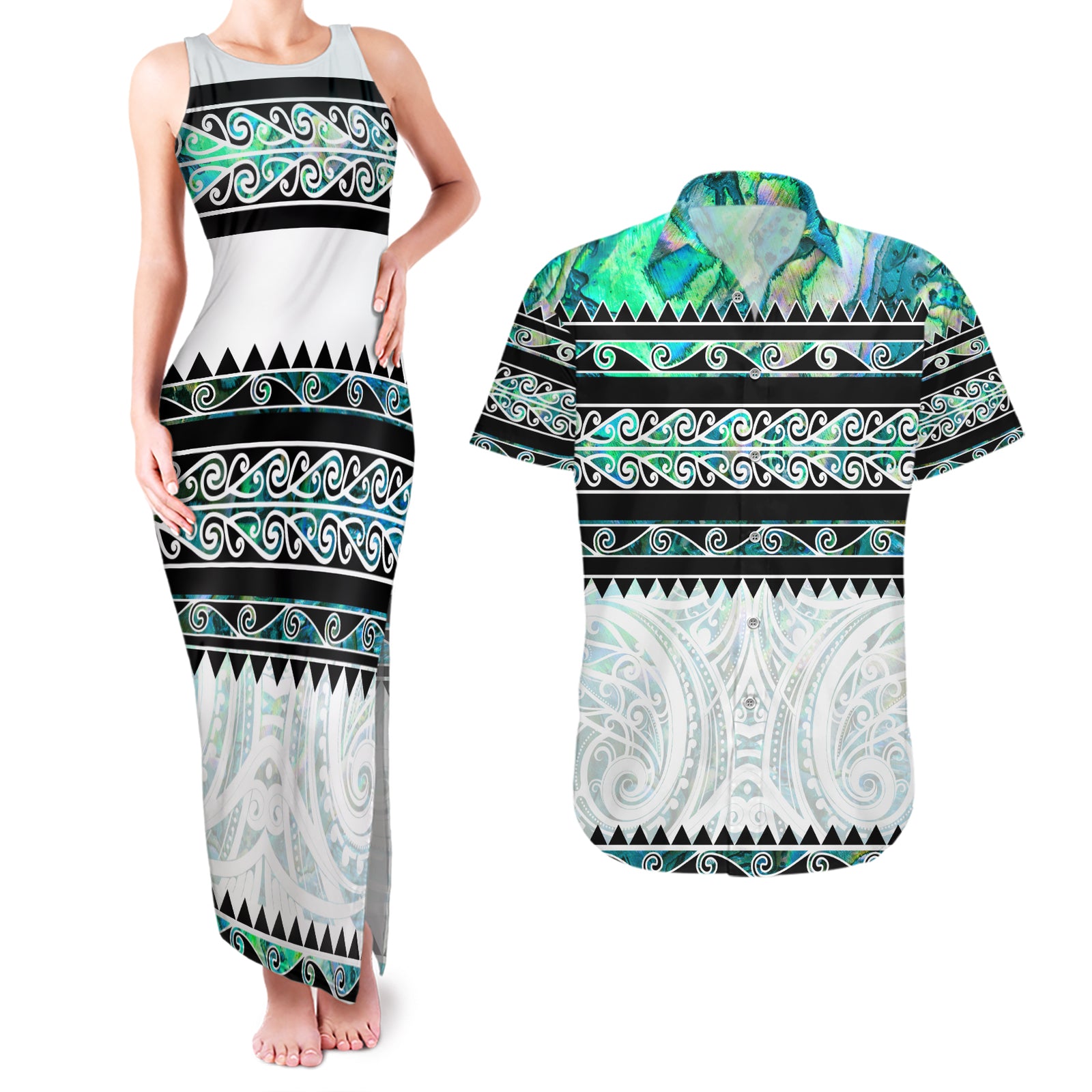 New Zealand Aotearoa Couples Matching Tank Maxi Dress and Hawaiian Shirt With Paua Shell Kowhaiwhai Pattern LT05 Green - Polynesian Pride