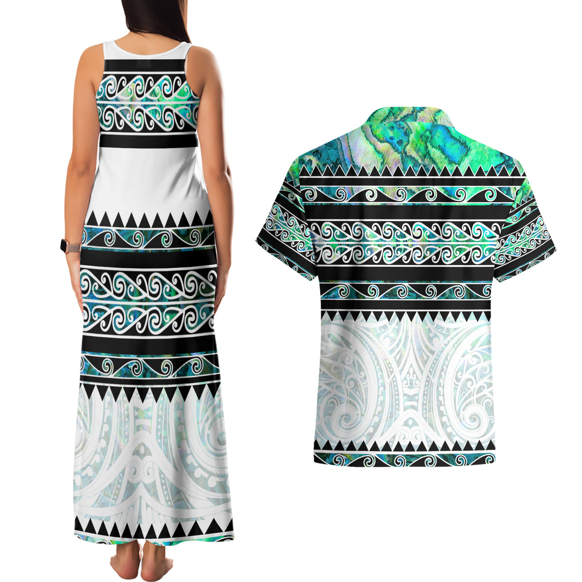 New Zealand Aotearoa Couples Matching Tank Maxi Dress and Hawaiian Shirt With Paua Shell Kowhaiwhai Pattern LT05 - Polynesian Pride