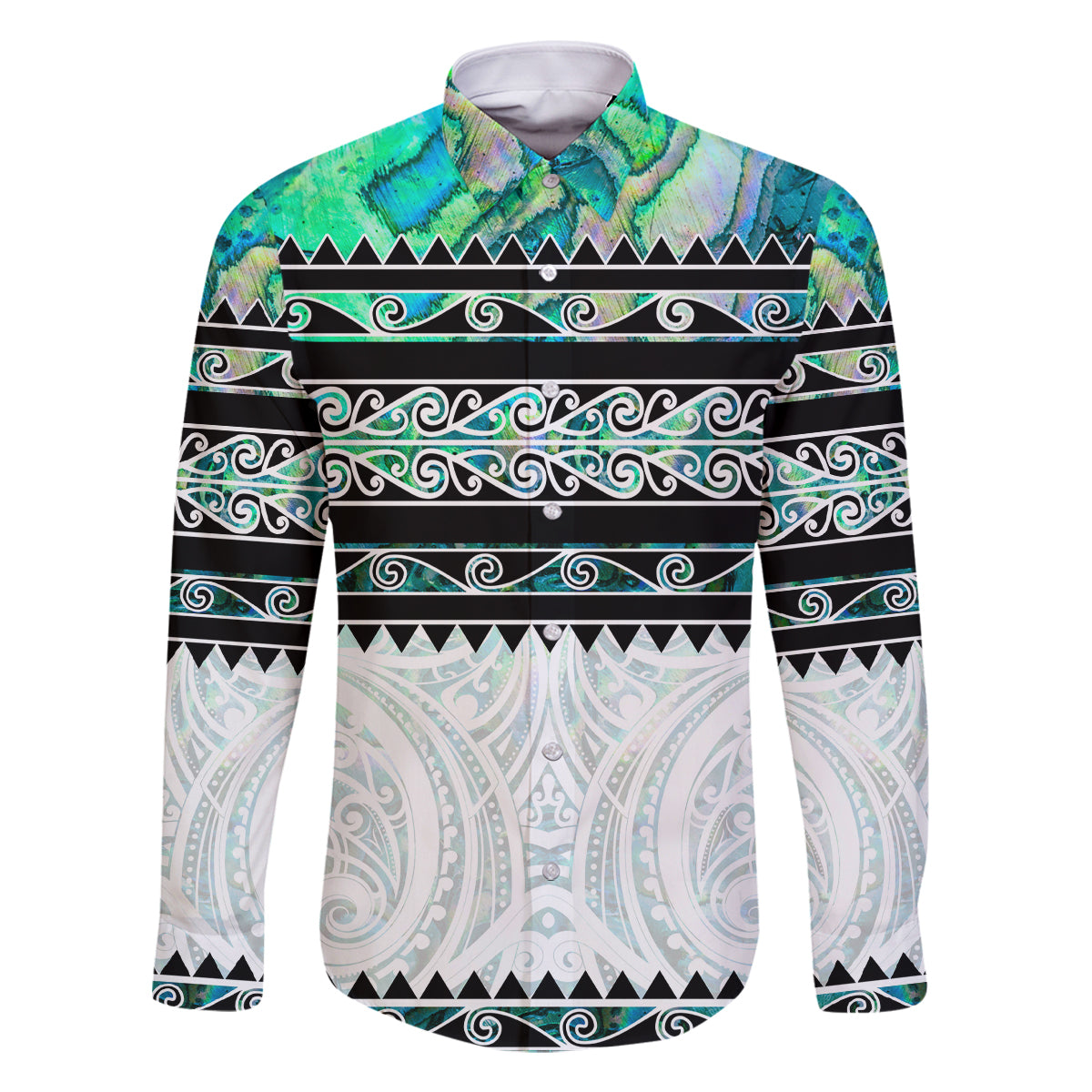 New Zealand Aotearoa Family Matching Mermaid Dress and Hawaiian Shirt With Paua Shell Kowhaiwhai Pattern LT05 Dad's Shirt - Long Sleeve Green - Polynesian Pride