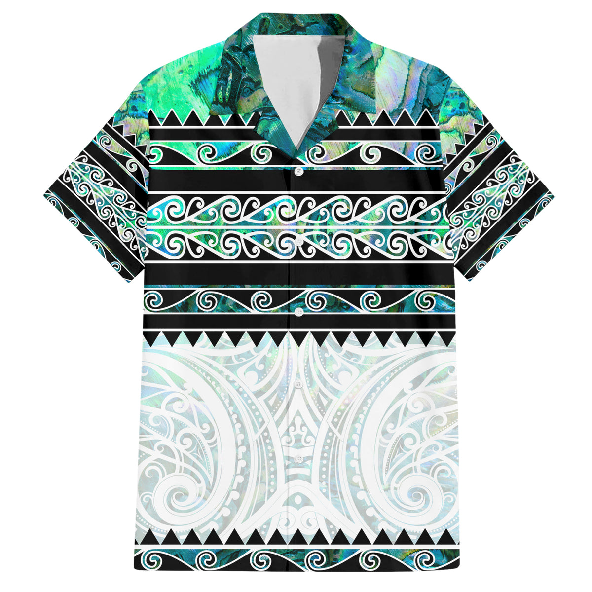 New Zealand Aotearoa Family Matching Short Sleeve Bodycon Dress and Hawaiian Shirt With Paua Shell Kowhaiwhai Pattern LT05 Dad's Shirt - Short Sleeve Green - Polynesian Pride