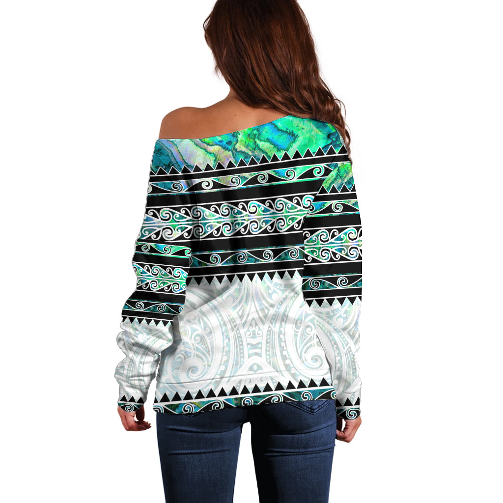 New Zealand Aotearoa Off Shoulder Sweater With Paua Shell Kowhaiwhai Pattern LT05 - Polynesian Pride