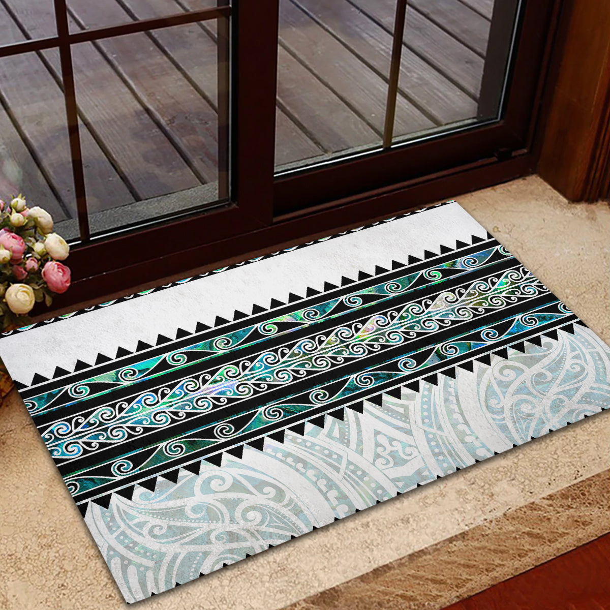New Zealand Aotearoa Rubber Doormat With Paua Shell Kowhaiwhai Pattern LT05 - Polynesian Pride