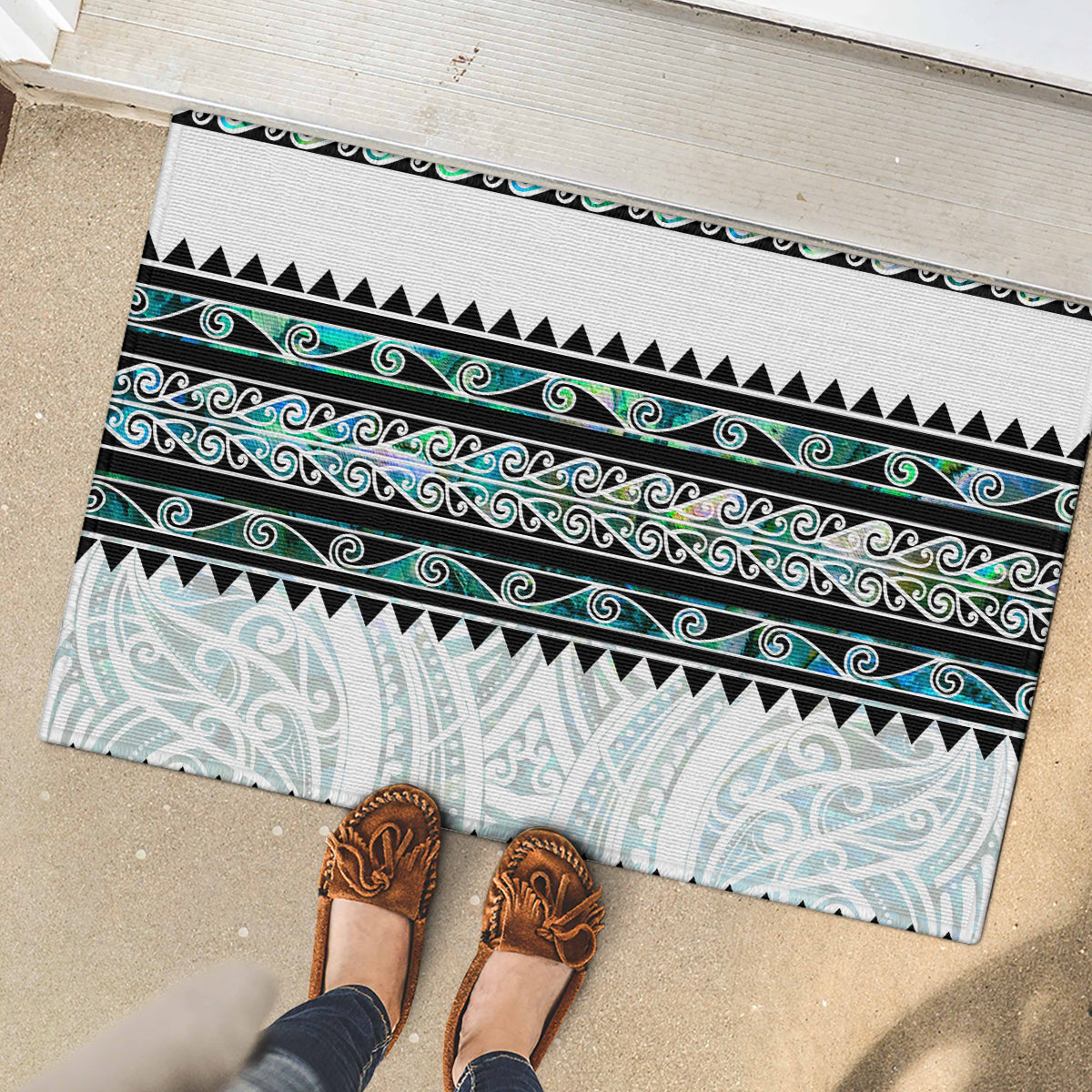 New Zealand Aotearoa Rubber Doormat With Paua Shell Kowhaiwhai Pattern LT05 - Polynesian Pride