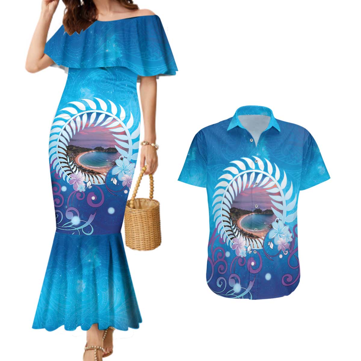 New Zealand Matapouri Beach Landscape Couples Matching Mermaid Dress and Hawaiian Shirt