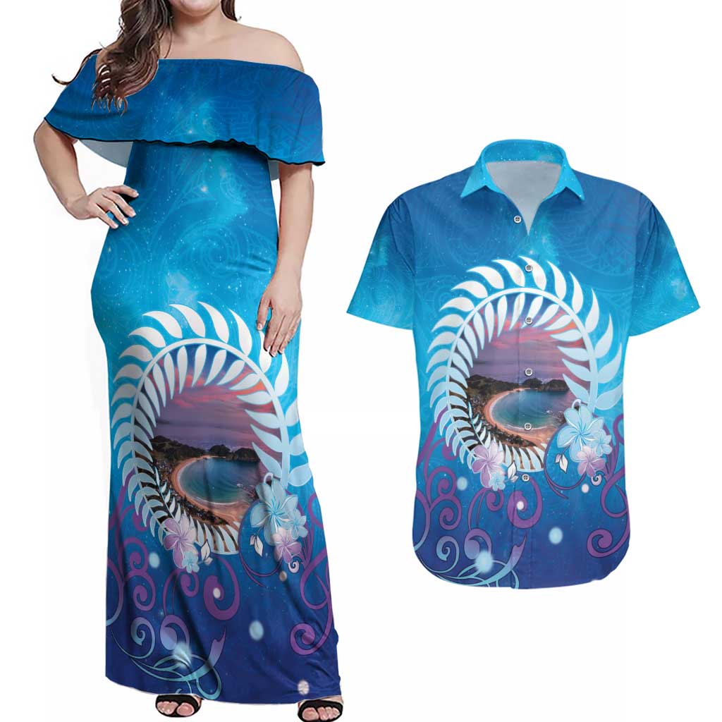 New Zealand Matapouri Beach Landscape Couples Matching Off Shoulder Maxi Dress and Hawaiian Shirt LT05 Blue - Polynesian Pride