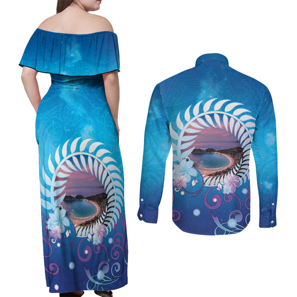 New Zealand Matapouri Beach Landscape Couples Matching Off Shoulder Maxi Dress and Long Sleeve Button Shirt