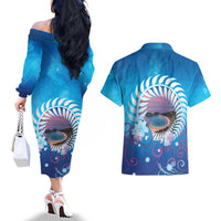 New Zealand Matapouri Beach Landscape Couples Matching Off The Shoulder Long Sleeve Dress and Hawaiian Shirt