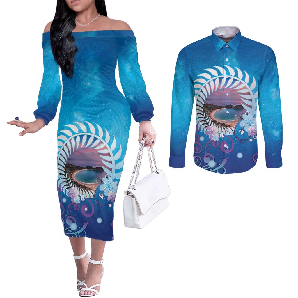 New Zealand Matapouri Beach Landscape Couples Matching Off The Shoulder Long Sleeve Dress and Long Sleeve Button Shirt