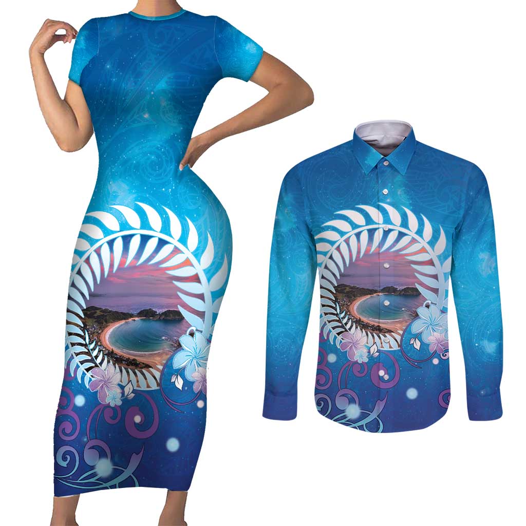 New Zealand Matapouri Beach Landscape Couples Matching Short Sleeve Bodycon Dress and Long Sleeve Button Shirt