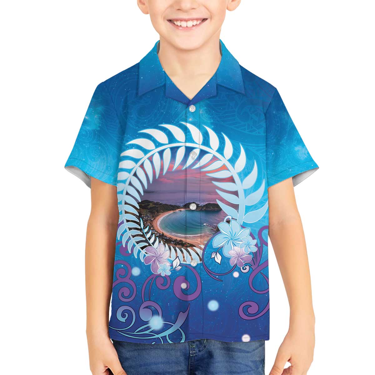 New Zealand Matapouri Beach Landscape Family Matching Off The Shoulder Long Sleeve Dress and Hawaiian Shirt