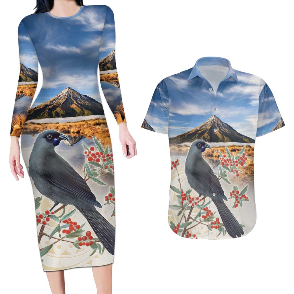 New Zealand Mount Taranaki Landscape Couples Matching Long Sleeve Bodycon Dress and Hawaiian Shirt Kokako Bird Polynesian Style LT05 Blue - Polynesian Pride