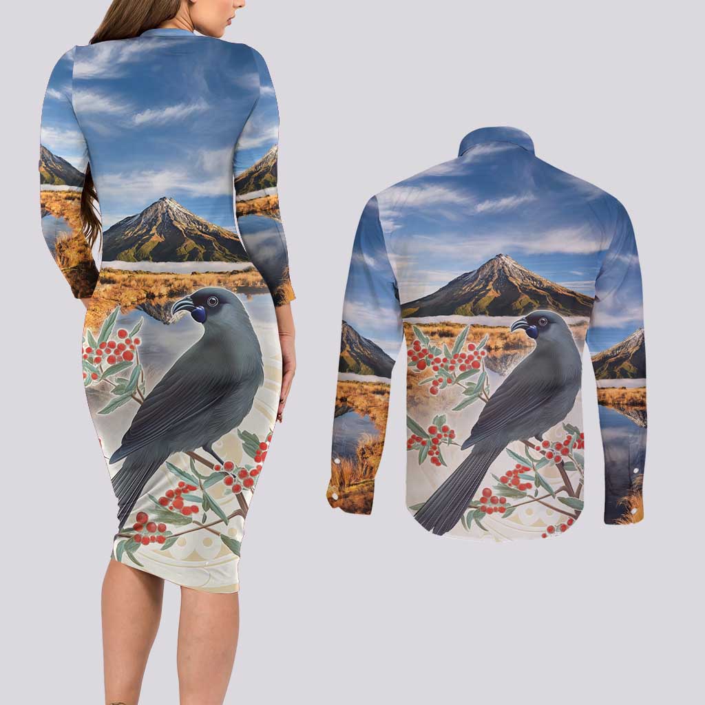 New Zealand Mount Taranaki Landscape Couples Matching Long Sleeve Bodycon Dress and Long Sleeve Button Shirt Kokako Bird Polynesian Style