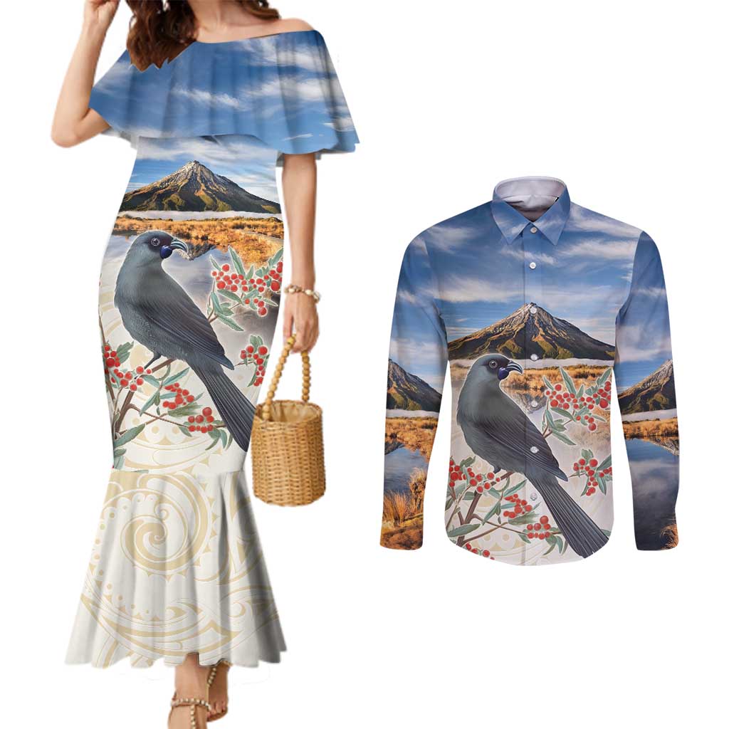 New Zealand Mount Taranaki Landscape Couples Matching Mermaid Dress and Long Sleeve Button Shirt Kokako Bird Polynesian Style