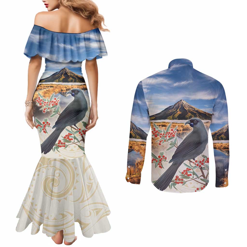 New Zealand Mount Taranaki Landscape Couples Matching Mermaid Dress and Long Sleeve Button Shirt Kokako Bird Polynesian Style