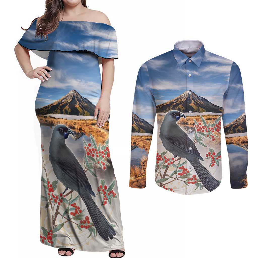 New Zealand Mount Taranaki Landscape Couples Matching Off Shoulder Maxi Dress and Long Sleeve Button Shirt Kokako Bird Polynesian Style