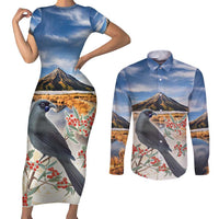 New Zealand Mount Taranaki Landscape Couples Matching Short Sleeve Bodycon Dress and Long Sleeve Button Shirt Kokako Bird Polynesian Style