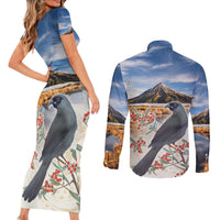 New Zealand Mount Taranaki Landscape Couples Matching Short Sleeve Bodycon Dress and Long Sleeve Button Shirt Kokako Bird Polynesian Style