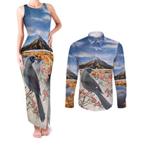 New Zealand Mount Taranaki Landscape Couples Matching Tank Maxi Dress and Long Sleeve Button Shirt Kokako Bird Polynesian Style